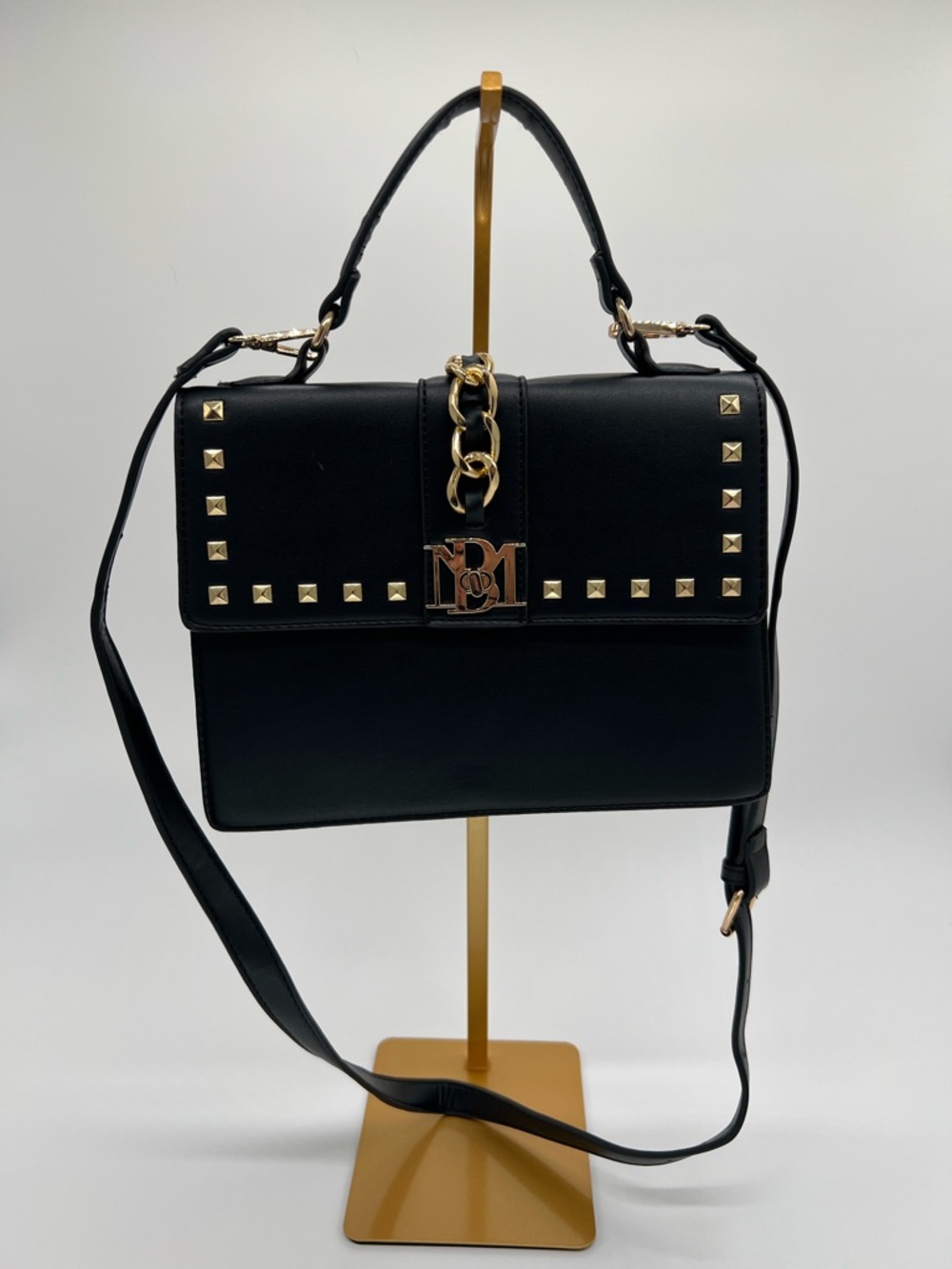 Badgley Mischka Black Satchel with Gold Stud & Chain Detail
